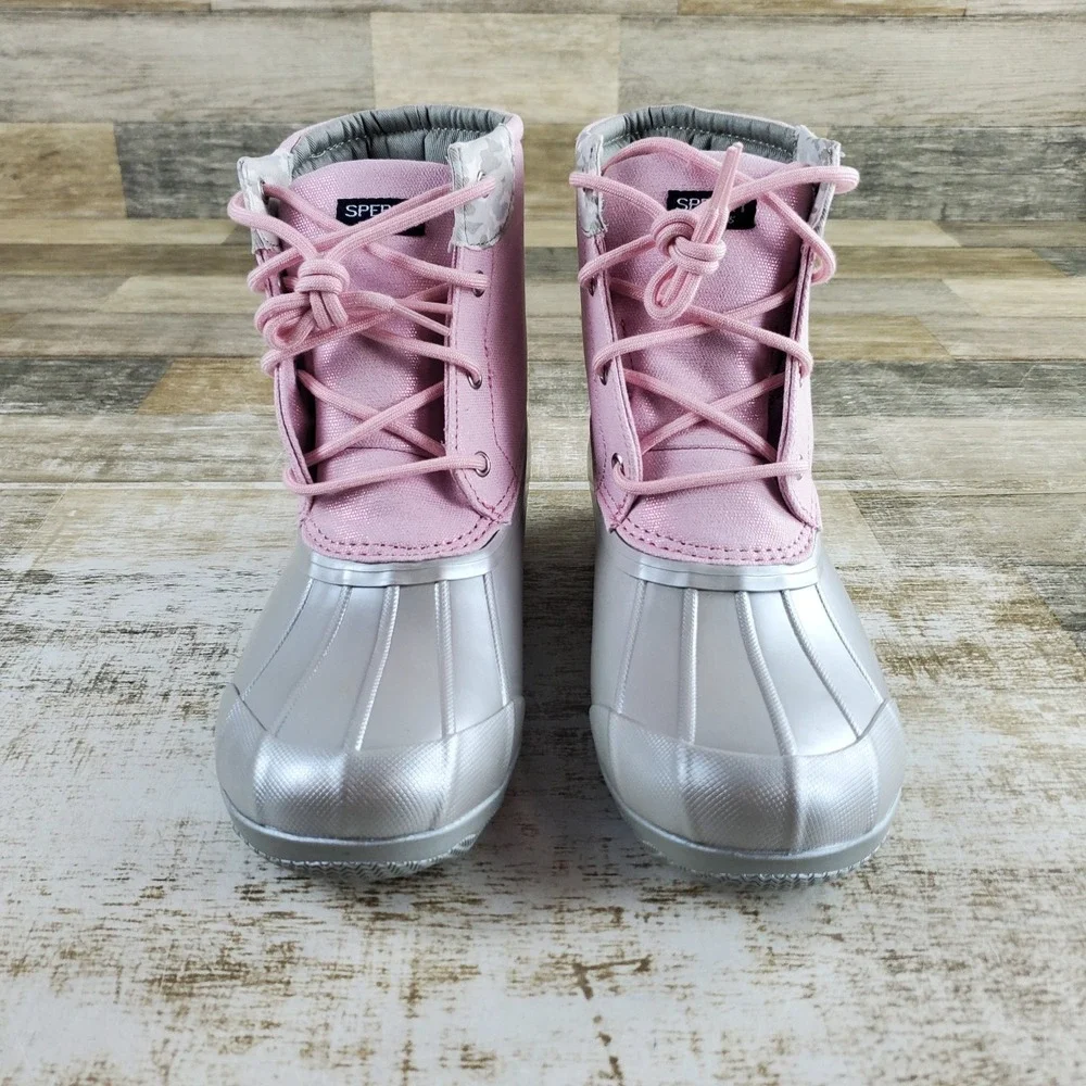 Sperry Port Kids Boots Sz 6 M Pink Canvas Silver Rubber Mid-Top Lace-Up Comfort